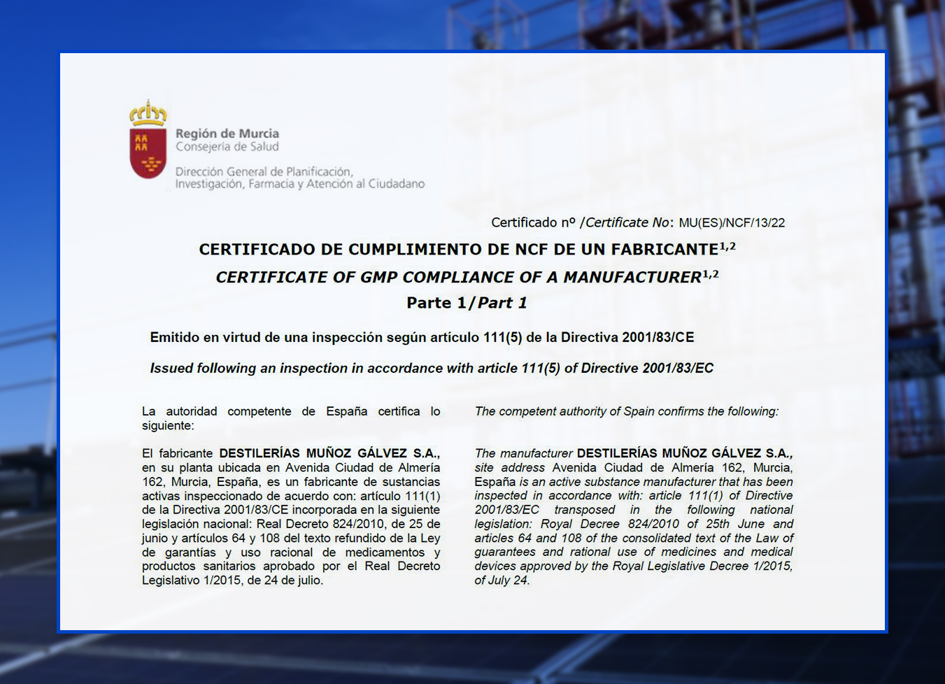 Read more about the article DESTILERÍAS MUÑOZ GÁLVEZ RENEWS ITS CERTIFICATE OF COMPLIANCE WITH GOOD MANUFACTURING PRACTICES (GMP)